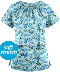 UA Butter-Soft STRETCH Petite Floral Aqua Moon Women's 6-Pocket Peasant Style Print Scrub Top