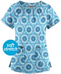 UA Butter-Soft STRETCH Splash of Geo Aqua Moon Women's 6-Pocket Peasant Style Print Scrub Top