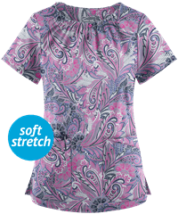 UA Butter-Soft STRETCH Vienna Paisley Silver Women's 6-Pocket Peasant Style Print Scrub Top