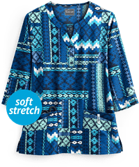 Butter-Soft Boho Patchwork Navy 4-Pocket 3/4 Sleeve Print Scrub Top