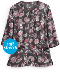 Butter-Soft Paisley Tapestry Pewter Women's 4-Pocket 3/4 Sleeve Print Scrub Top