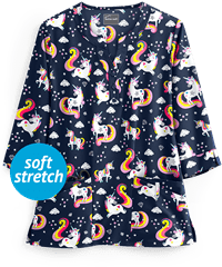 Butter-Soft Unicorn Dance Navy Women's 4-Pocket 3/4 Sleeve Print Scrub Top