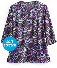 Butter-Soft Watercolor Zebra Black Printed Women's 4-Pocket 3/4 Sleeve Scrub Top