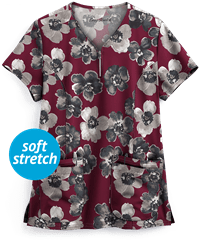 Easy STRETCH by Butter-Soft™ Blooming Petals Wine Women's 4-Pocket Zipper Neck Print Scrub Top