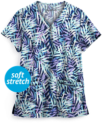 Easy STRETCH by Butter-Soft™ Falling Fronds Navy Women's 4-Pocket Zipper Neck Print Scrub Top