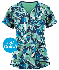 Easy STRETCH by Butter-Soft™ Tropical Floral Navy Women's 4-Pocket Zipper Neck Print Scrub Top