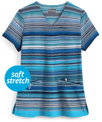 UA Butter-Soft STRETCH Artistic Stripes Navy Women's 2-Pocket V-Neck Print Scrub Top