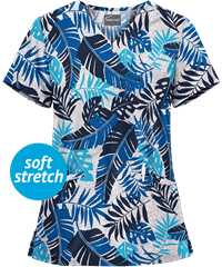 Butter-Soft Botanical Fronds White Printed Women's 2-Pocket V-Neck Scrub Top