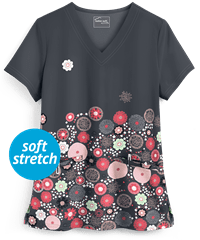 UA Butter-Soft STRETCH Dancing Floral Pewter Women's 2-Pocket V-Neck Print Scrub Top