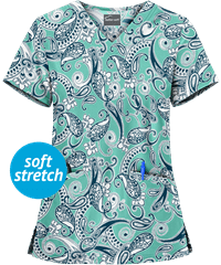 Butter-Soft Persian Paisley Green Aqua Women's 2-Pocket V-Neck Print Scrub Top