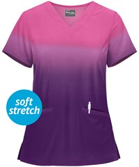 Butter-Soft STRETCH Prism Ombre Eggplant Women's 2-Pocket V-Neck Print Scrub Top