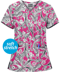 Butter-Soft Persian Paisley Raspberry Rose Women's 2-Pocket V-Neck Print Scrub Top