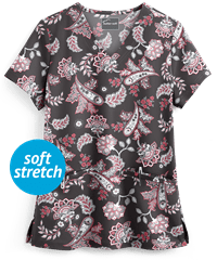 Butter-Soft Paisley Tapestry Pewter Women's 2-Pocket V-Neck Print Scrub Top