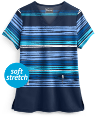 Butter-Soft Striped Navy Women's 2-Pocket V-Neck Print Scrub Top