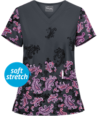 UA Butter-Soft STRETCH Paisley Shadows Women's 2-Pocket V-Neck Print Scrub Top