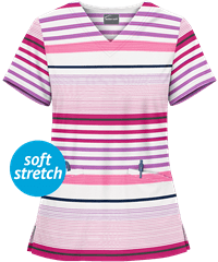Butter-Soft Stripe Me White Printed Women's 2-Pocket V-Neck Scrub Top