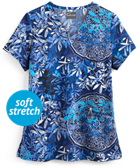 Butter-Soft Watercolor Tapestry Navy Women's 2-Pocket V-Neck Print Scrub Top
