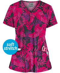 Butter-Soft Botanical Fronds Black Printed Women's 4-Pocket Rounded V-Neck Scrub Top