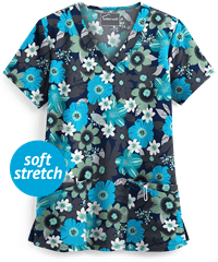 Butter-Soft Botanical Garden Navy Women's 4-Pocket V-Neck Print Scrub Top