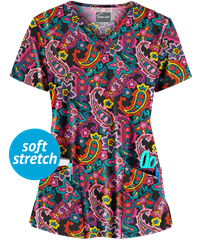 Butter-Soft Pop of Paisley Berry Burst Women's 4-Pocket Rounded V-Neck Print Scrub Top