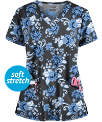 Butter-Soft Floral Soiree Black Printed Women's 4-Pocket Rounded V-Neck Scrub Top