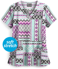 Butter-Soft Boho Patchwork White Printed Women's 4-Pocket V-Neck Scrub Top