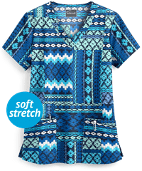 Butter-Soft Boho Patchwork Navy Women's 4-Pocket Rounded V-Neck Print Scrub Top