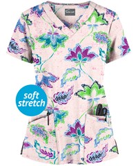 Butter-Soft Chalked Floral Lotus Women's 4-Pocket Rounded V-Neck Print Scrub Top