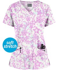 Butter-Soft Cosmic Stars Orchid Women's 4-Pocket Rounded V-Neck Print Scrub Top