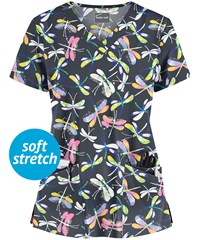 Butter-Soft Dragonfly Garden Pewter Women's 4-Pocket Rounded V-Neck Print Scrub Top