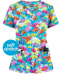 Butter-Soft Dazzling Reef Turquoise Women's 4-Pocket Rounded V-Neck Print Scrub Top