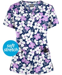 Butter-Soft Floral Elegance Navy Women's 4-Pocket Rounded V-Neck Print Scrub Top