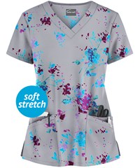 Butter-Soft Floral Splash Silver Women's 4-Pocket Rounded V-Neck Print Scrub Top