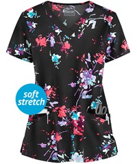 Butter-Soft Floral Splash Black Printed Women's 4-Pocket Rounded V-Neck Scrub Top