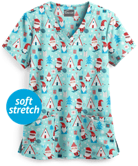 Butter-Soft Here Comes Santa Aqua Moon Women's 4-Pocket Rounded V-Neck Print Scrub Top