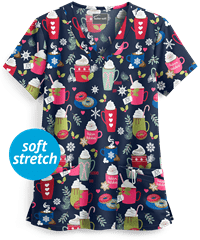 Butter-Soft Holiday Coco Navy Women's 4-Pocket Rounded V-Neck Print Scrub Top