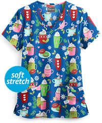Butter-Soft Holiday Coco Royal Women's 4-Pocket Rounded V-Neck Print Scrub Top