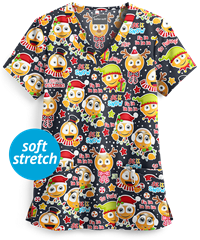 Butter-Soft Holiday Emoji Pewter Women's 4-Pocket Rounded V-Neck Print Scrub Top