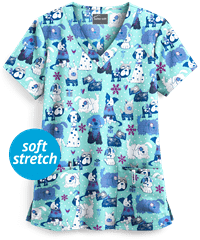 Butter-Soft Holiday Pups Aqua Moon Women's 4-Pocket Rounded V-Neck Print Scrub Top