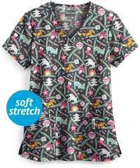Butter-Soft Happy Ornaments Pewter Rounded Women's 4-Pocket V-Neck Print Scrub Top