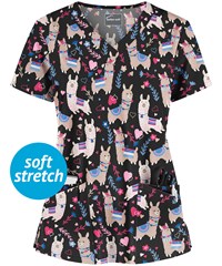 Butter-Soft Llama Party Black Printed Women's 4-Pocket Rounded V-Neck Scrub Top