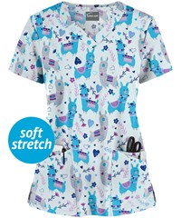 Butter-Soft Llama Party Cloud Blue Women's 4-Pocket Rounded V-Neck Print Scrub Top