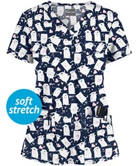 Butter-Soft Lovable Pets Navy Women's 4-Pocket Rounded V-Neck Print Scrub Top