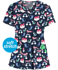 Butter-Soft Purrnicorn Dream Navy Women's 4-Pocket Rounded V-Neck Print Scrub Top