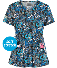 Butter-Soft Pop of Paisley Black Printed Women's 4-Pocket Rounded V-Neck Scrub Top