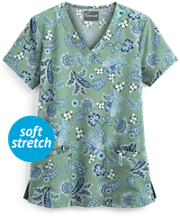Butter-Soft Paisley Tapestry Juniper Breeze Women's 4-Pocket Rounded V-Neck Print Scrub Top