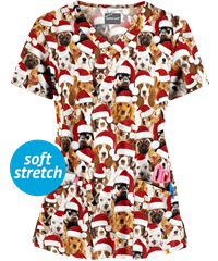 Butter-Soft Holiday Pups Red Women's 4-Pocket Rounded V-Neck Print Scrub Top