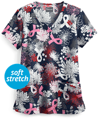 Butter-Soft Ribbon Floral Navy Women's 4-Pocket V-Neck Print Scrub Top