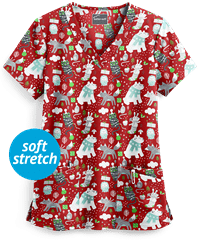 Butter-Soft Winter Pals Red Women's 4-Pocket Rounded V-Neck Print Scrub Top