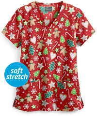 Butter-Soft Winter Treats Red Women's 4-Pocket Rounded V-Neck Print Scrub Top